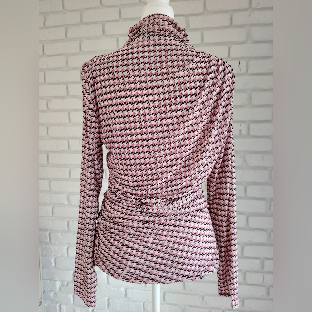 WHBM Women's Pink Houndstooth Ruched Mesh Top sz L - Picture 2 of 7